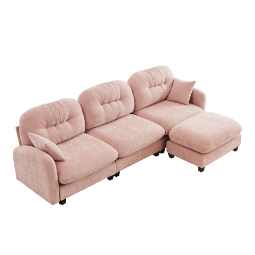 Plush L-Shaped Modular Sectional Sofa with Ottoman & Tufted Backrest, Beige