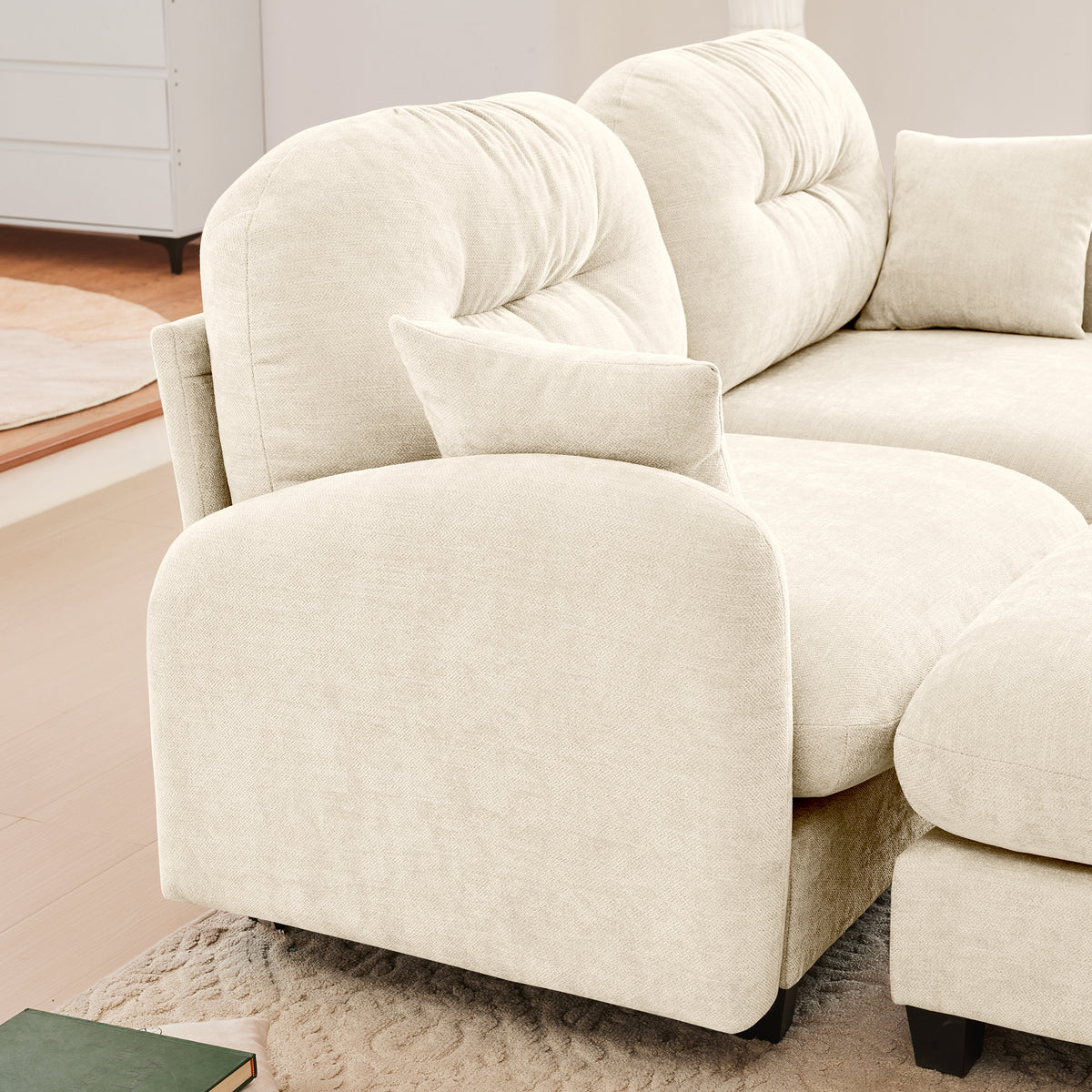 Plush L-Shaped Modular Sectional Sofa with Ottoman & Tufted Backrest, Beige