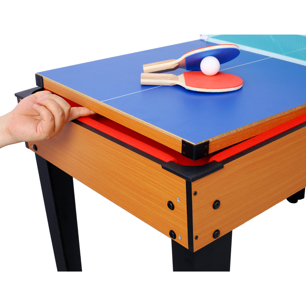 Versatile 5-in-1 Multi-Game Table with Billiards, Foosball & More, Brown/Red