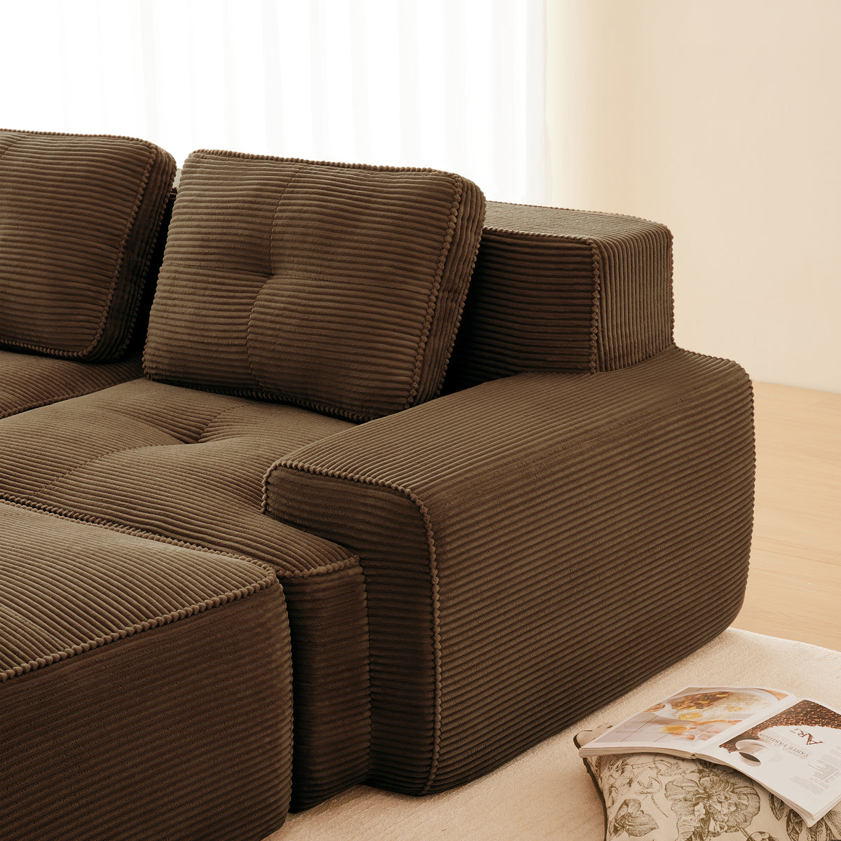 Oversized 6-Seater V-Shaped Corduroy Sectional with Dual Movable Ottomans