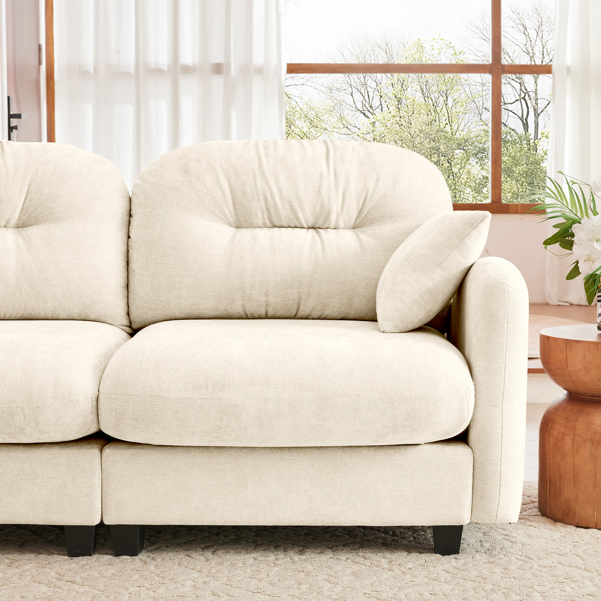 Plush L-Shaped Modular Sectional Sofa with Ottoman & Tufted Backrest, Beige