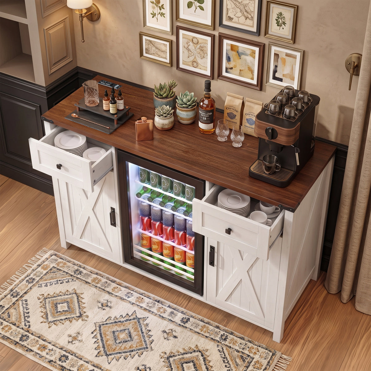 53.2" Farmhouse Fridge Cabinet Cabinet with Power Outlet, White