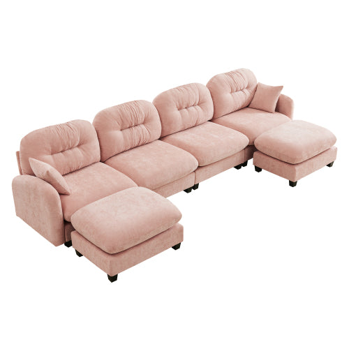 Plush L-Shaped Modular Sectional Sofa with Ottoman & Tufted Backrest, Beige