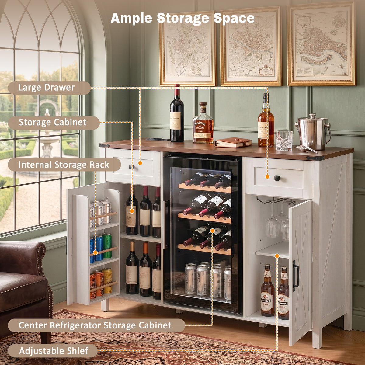53.2" Farmhouse Fridge Cabinet Cabinet with Power Outlet, White