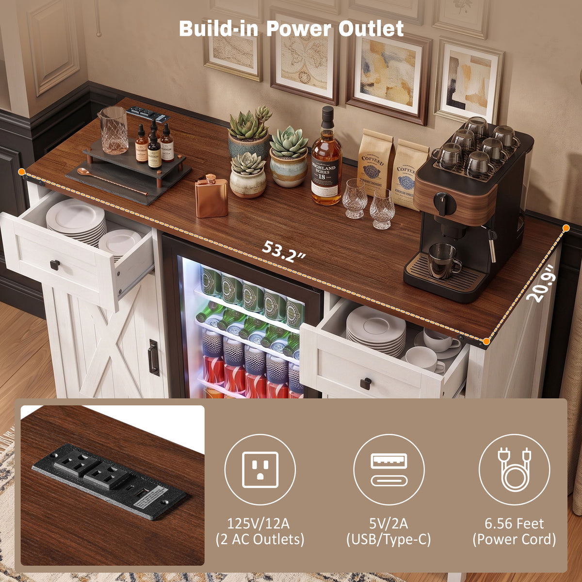 53.2" Farmhouse Fridge Cabinet Cabinet with Power Outlet, White