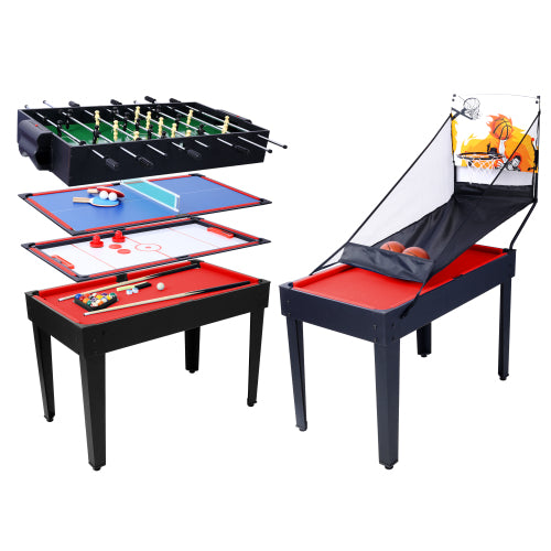Versatile 5-in-1 Multi-Game Table with Billiards, Foosball & More, Brown/Red