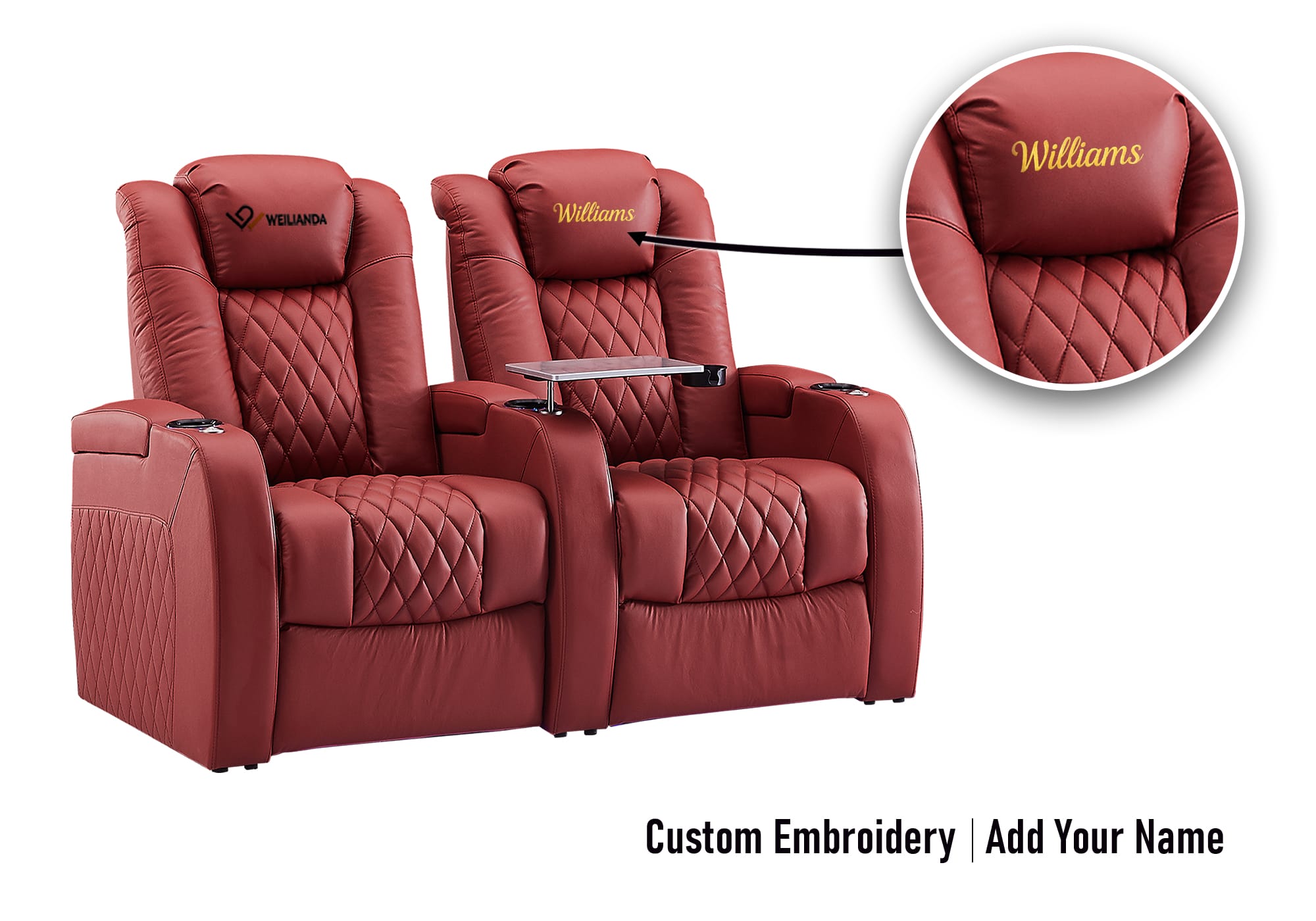 Weilianda FortLux Series Headrest Embroidery Custom Zero Gravity Loveseat Recliner |  LED Lighting for Movie Night