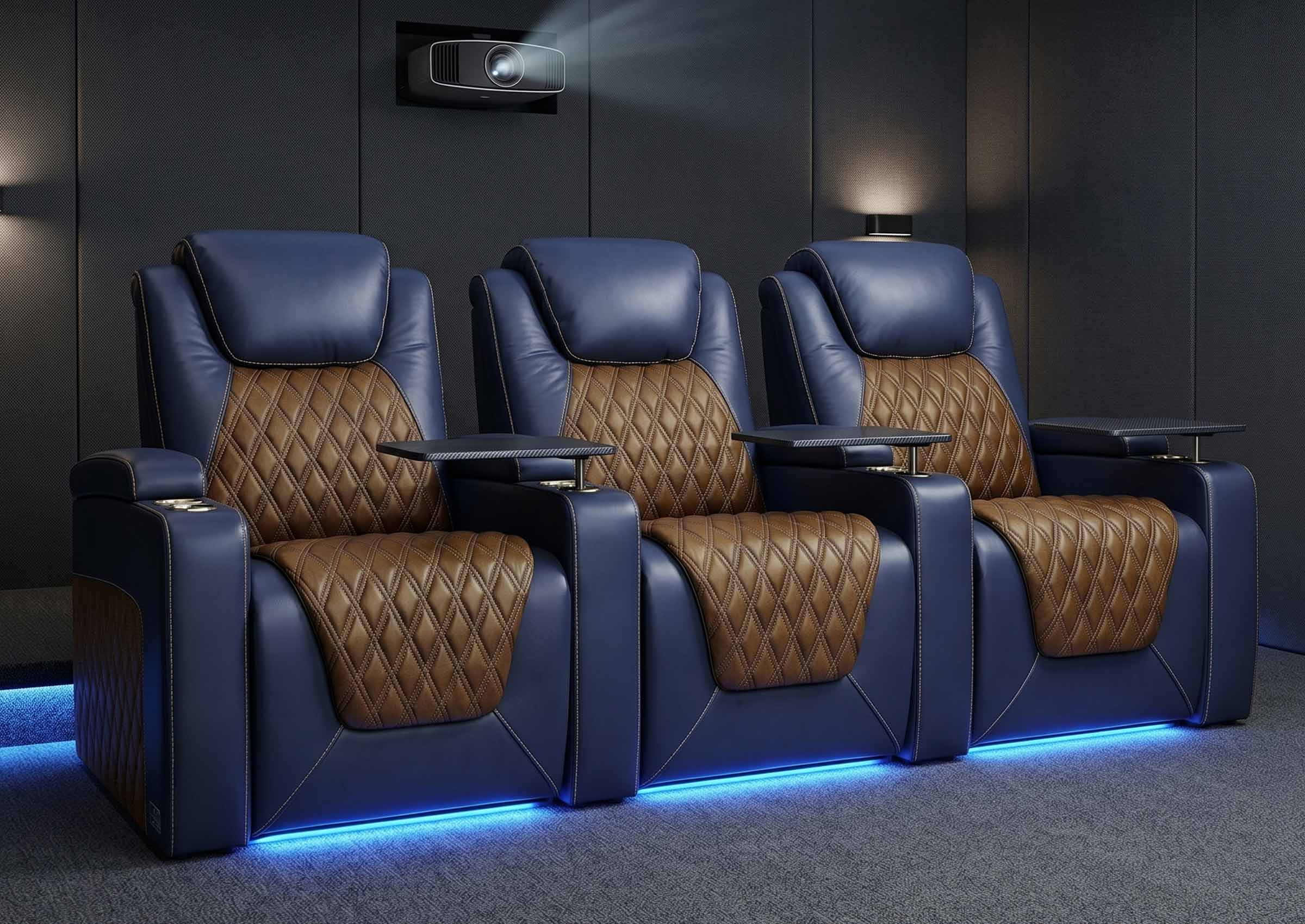 Weilianda Chic Series Blue Custom Two-Tone 3-Seat Power Recliner | LED Lighting for Movie Room