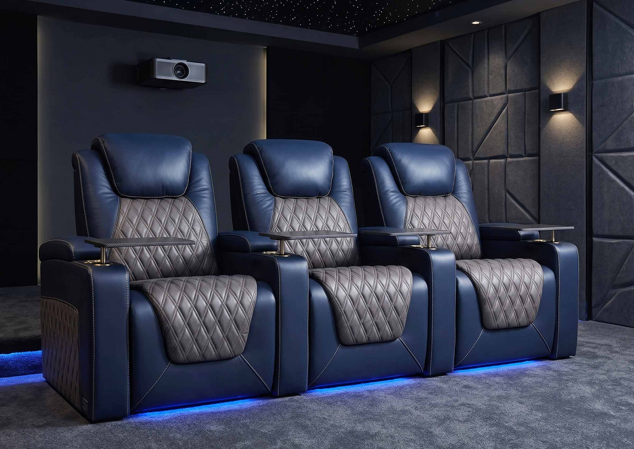 Weilianda Chic Series Blue Custom Two-Tone 3-Seat Power Recliner | LED Lighting for Movie Room
