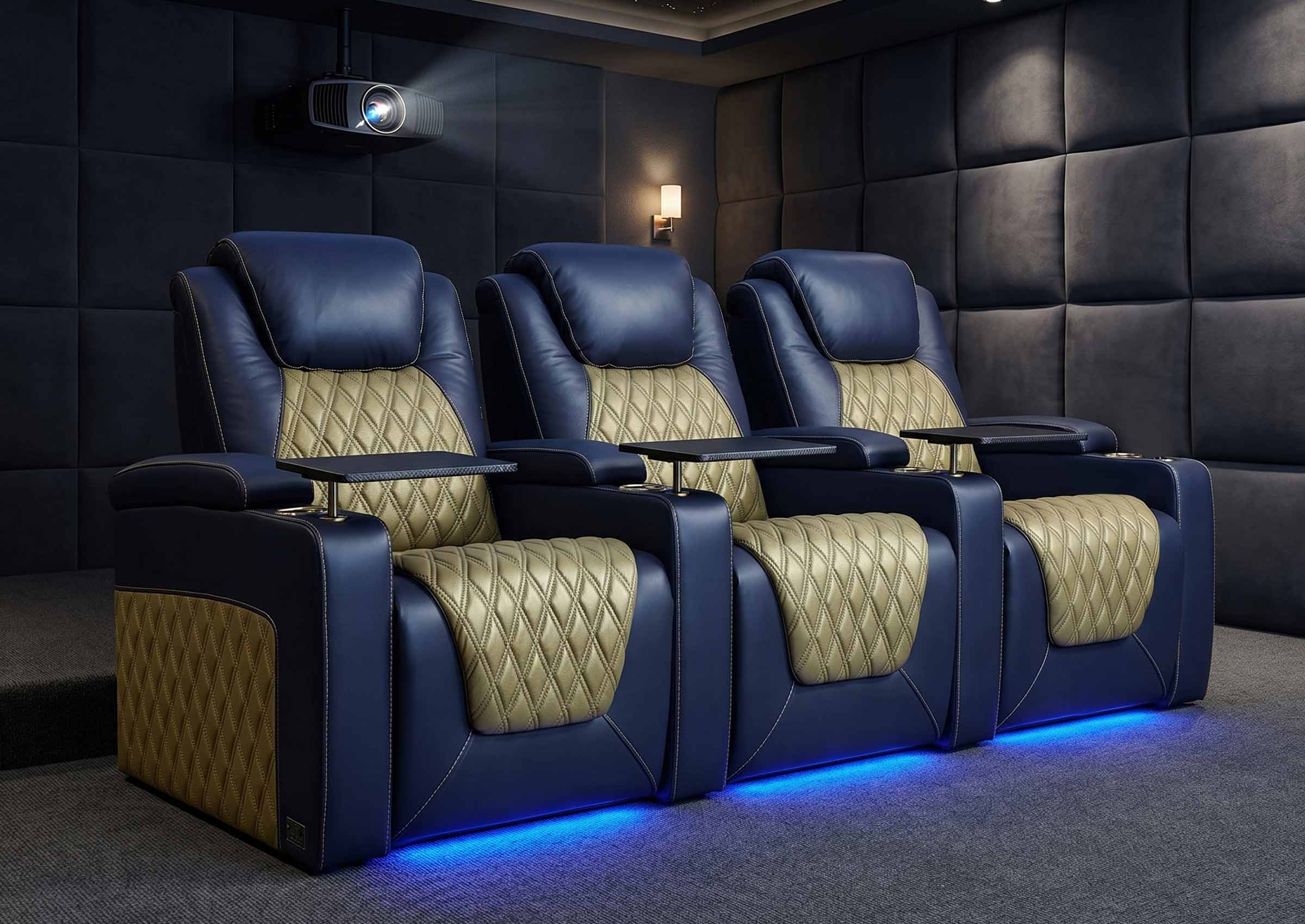 Weilianda Chic Series Blue Custom Two-Tone 3-Seat Power Recliner | LED Lighting for Movie Room