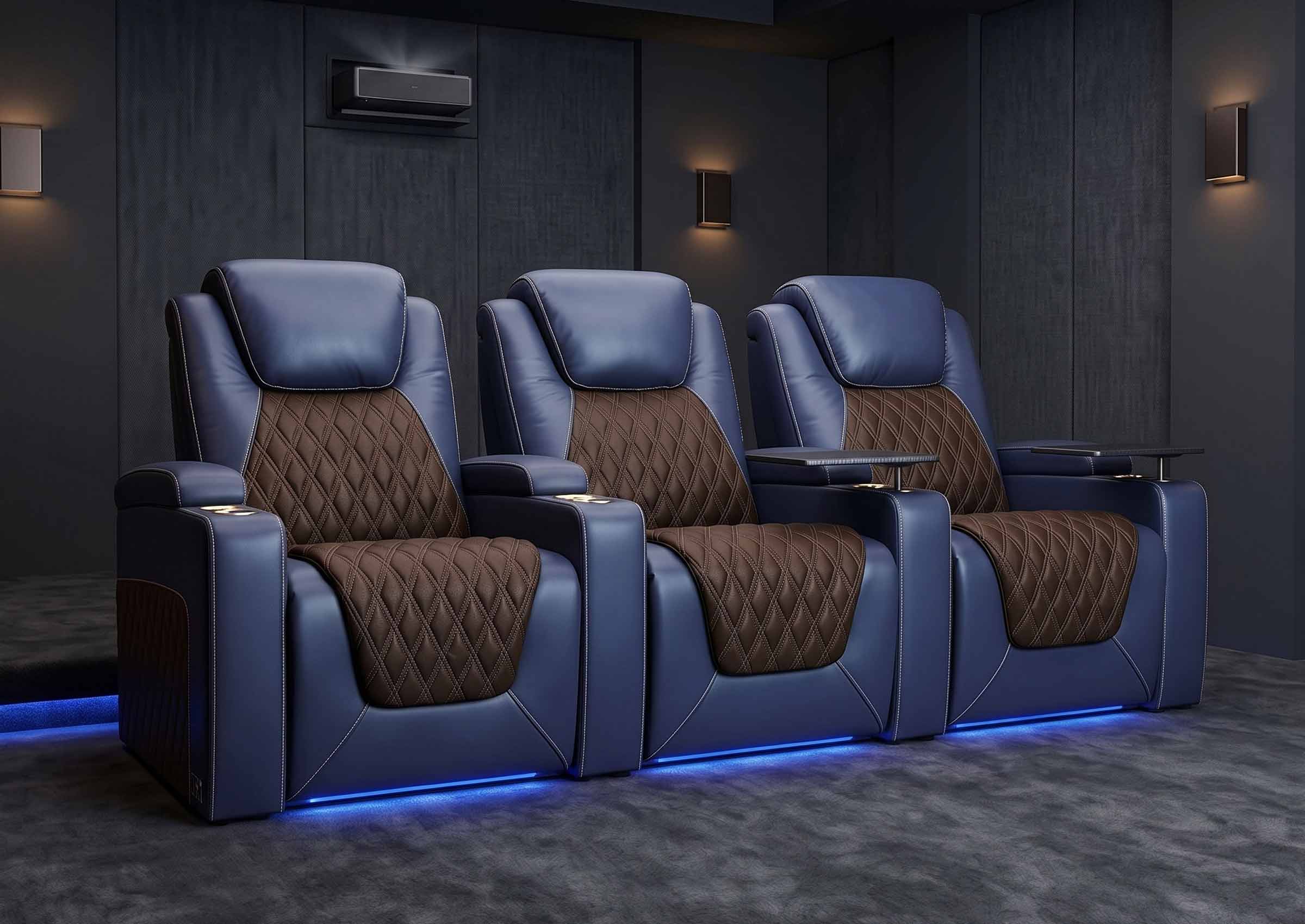 Weilianda Chic Series Blue Custom Two-Tone 3-Seat Power Recliner | LED Lighting for Movie Room