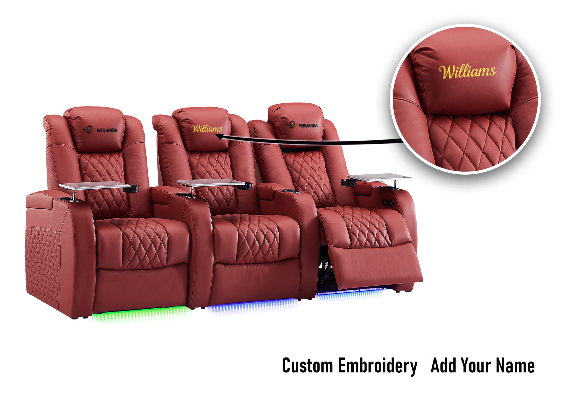 Weilianda FortLux Series Headrest Embroidery Custom Ergonomic Power Seating Row of 3 | Adjustable Headrest & Footrest