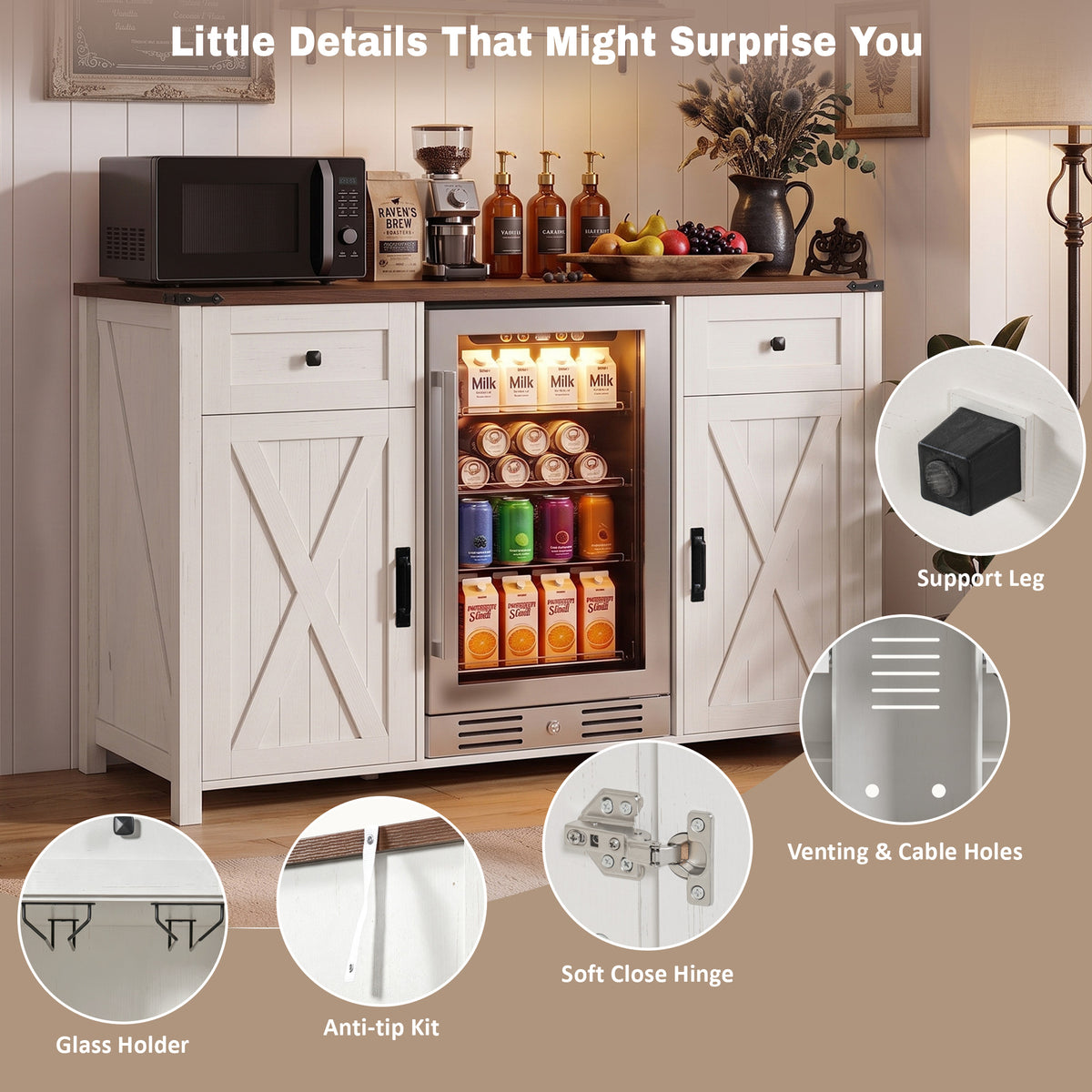 53.2" Farmhouse Fridge Cabinet Cabinet with Power Outlet, White