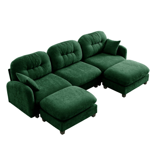 Plush L-Shaped Modular Sectional Sofa with Ottoman & Tufted Backrest, Beige
