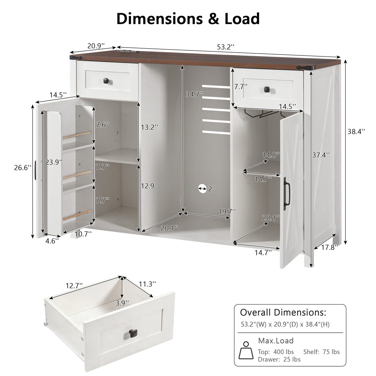 53.2" Farmhouse Fridge Cabinet Cabinet with Power Outlet, White