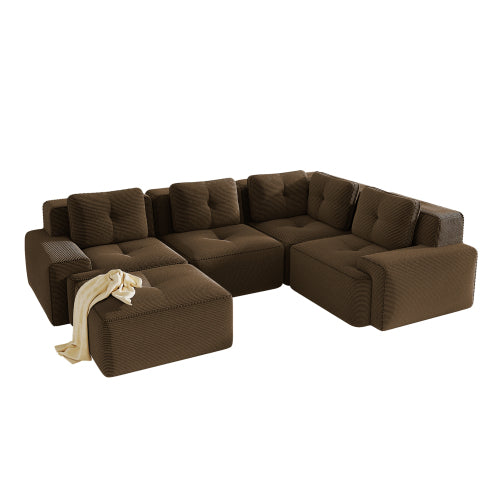 Oversized 6-Seater V-Shaped Corduroy Sectional with Dual Movable Ottomans