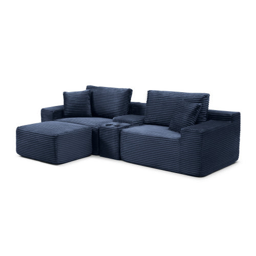 Plush Deep-Seat Corduroy Cloud Sectional with Storage, Charging & Movable Ottoman