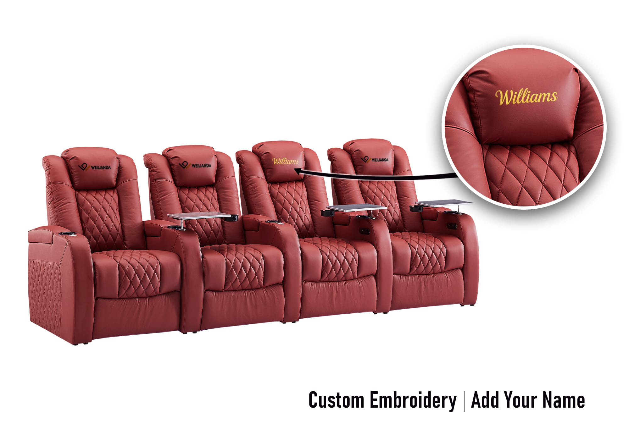 Weilianda FortLux Series Headrest Embroidery Custom 4-Seat Genuine Leather Sofa | Zero Gravity Seating for Home Theater