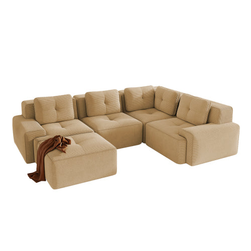 Oversized 6-Seater V-Shaped Corduroy Sectional with Dual Movable Ottomans