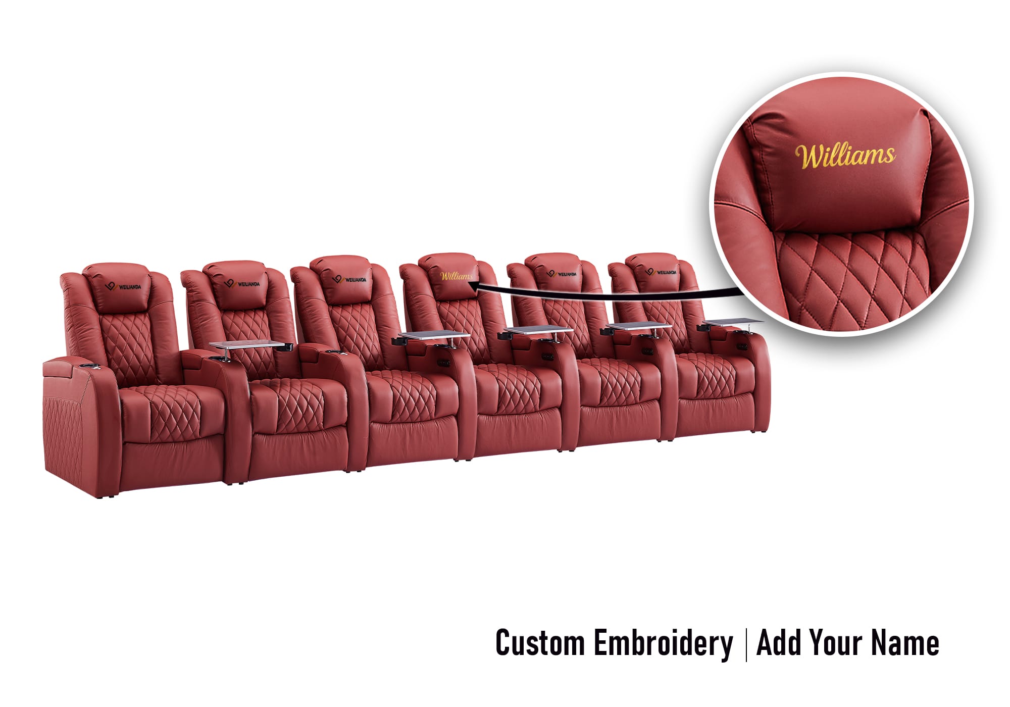 Weilianda FortLux Series Headrest Embroidery Custom Six Seat Electric Theater Recliner | USB Charging & Ambient Lighting