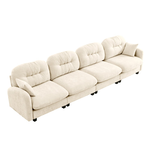 Plush L-Shaped Modular Sectional Sofa with Ottoman & Tufted Backrest, Beige