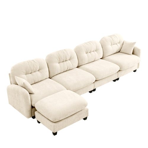 Plush L-Shaped Modular Sectional Sofa with Ottoman & Tufted Backrest, Beige