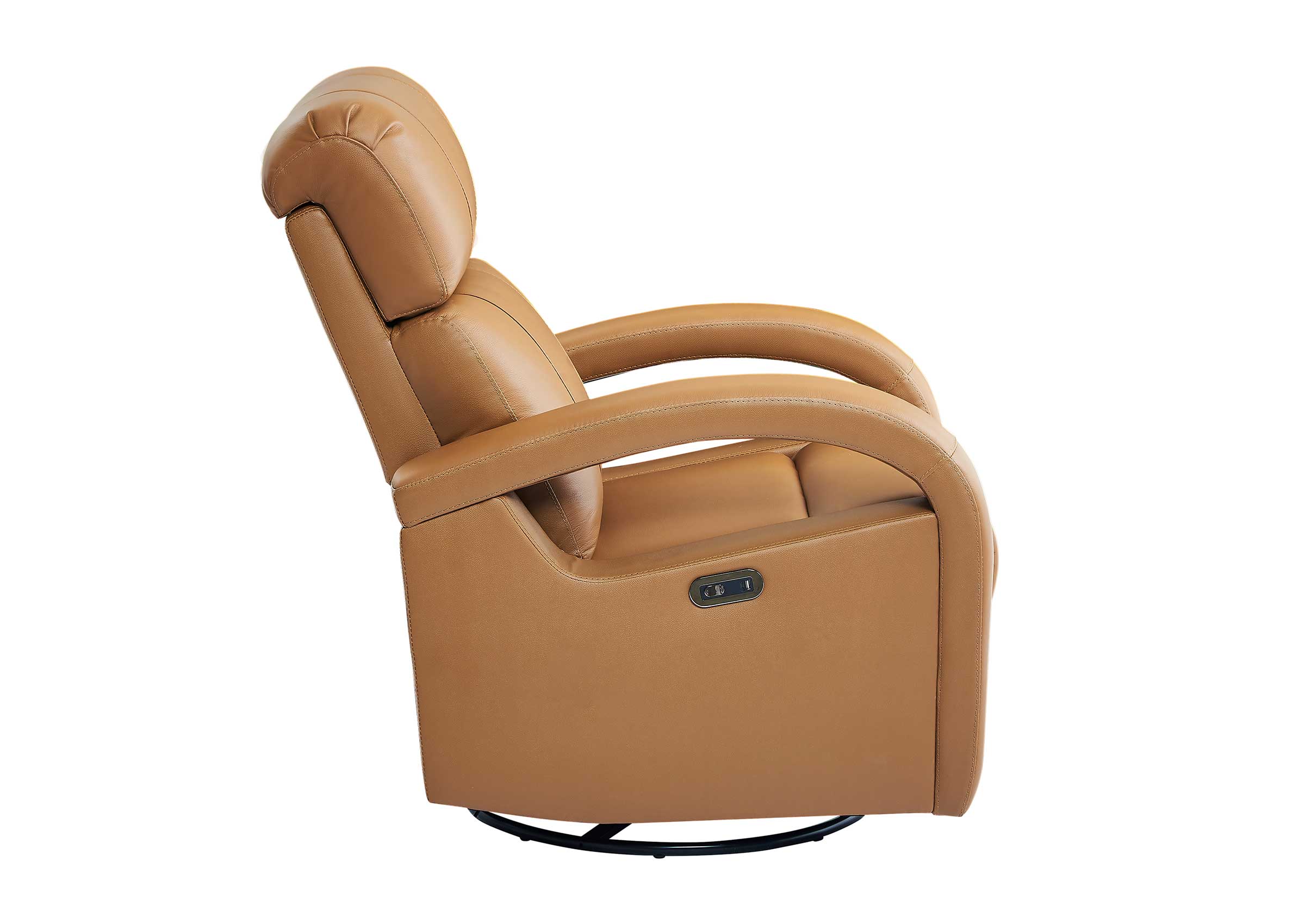 Camel Brown Swivel Rocker Recliner Power Charging Genuine Leather