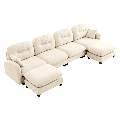 Plush L-Shaped Modular Sectional Sofa with Ottoman & Tufted Backrest, Beige