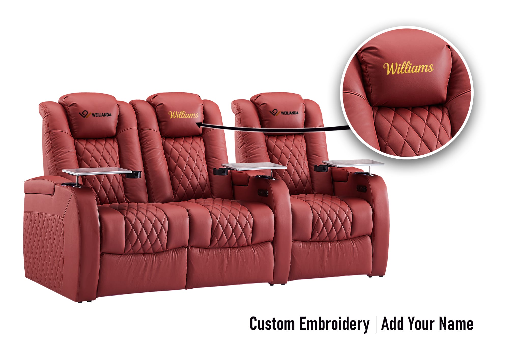 Weilianda FortLux Series Headrest Embroidery Custom Ergonomic Power Seating Row of 3 | Adjustable Headrest & Footrest