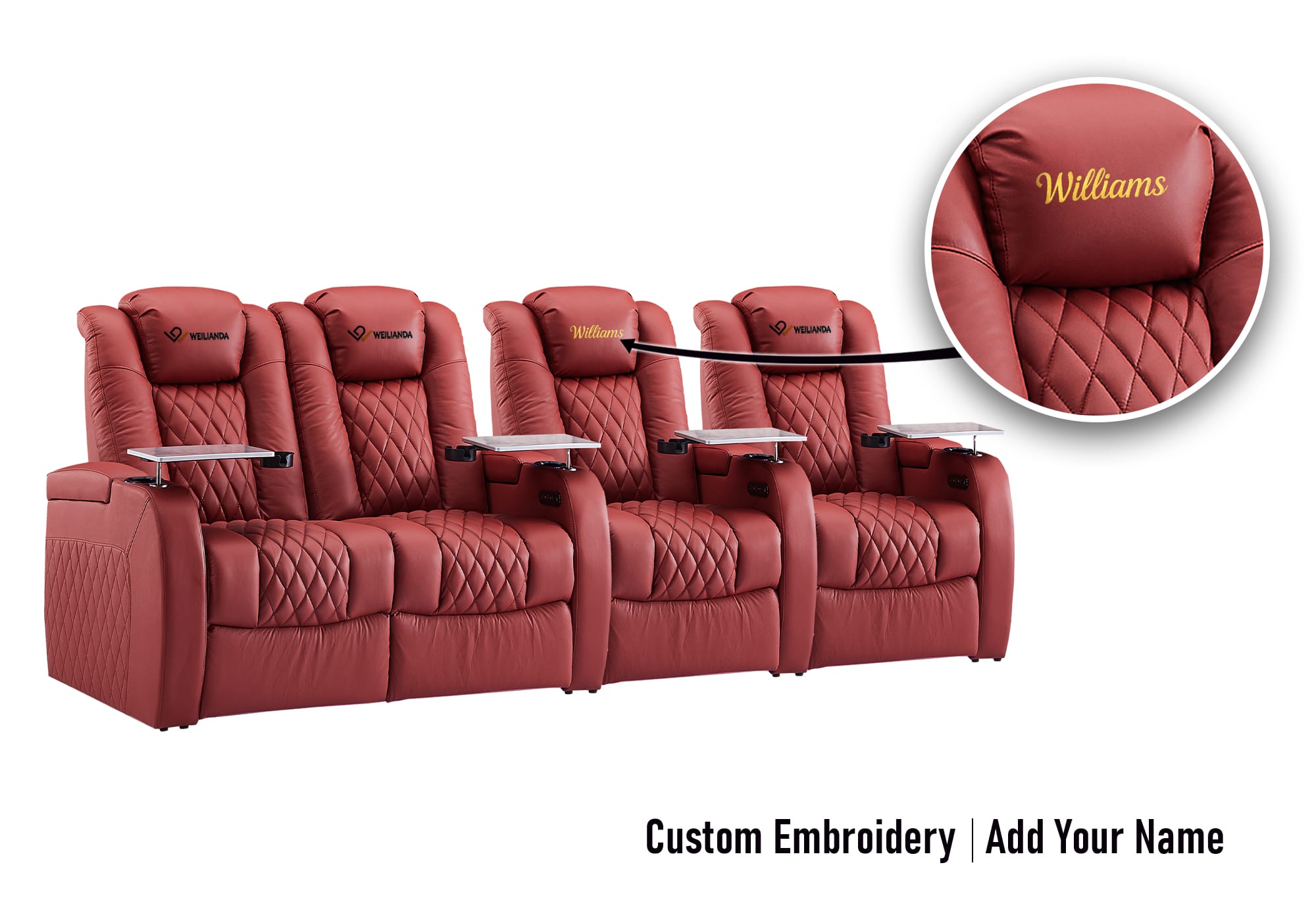 Weilianda FortLux Series Headrest Embroidery Custom 4-Seat Genuine Leather Sofa | Zero Gravity Seating for Home Theater