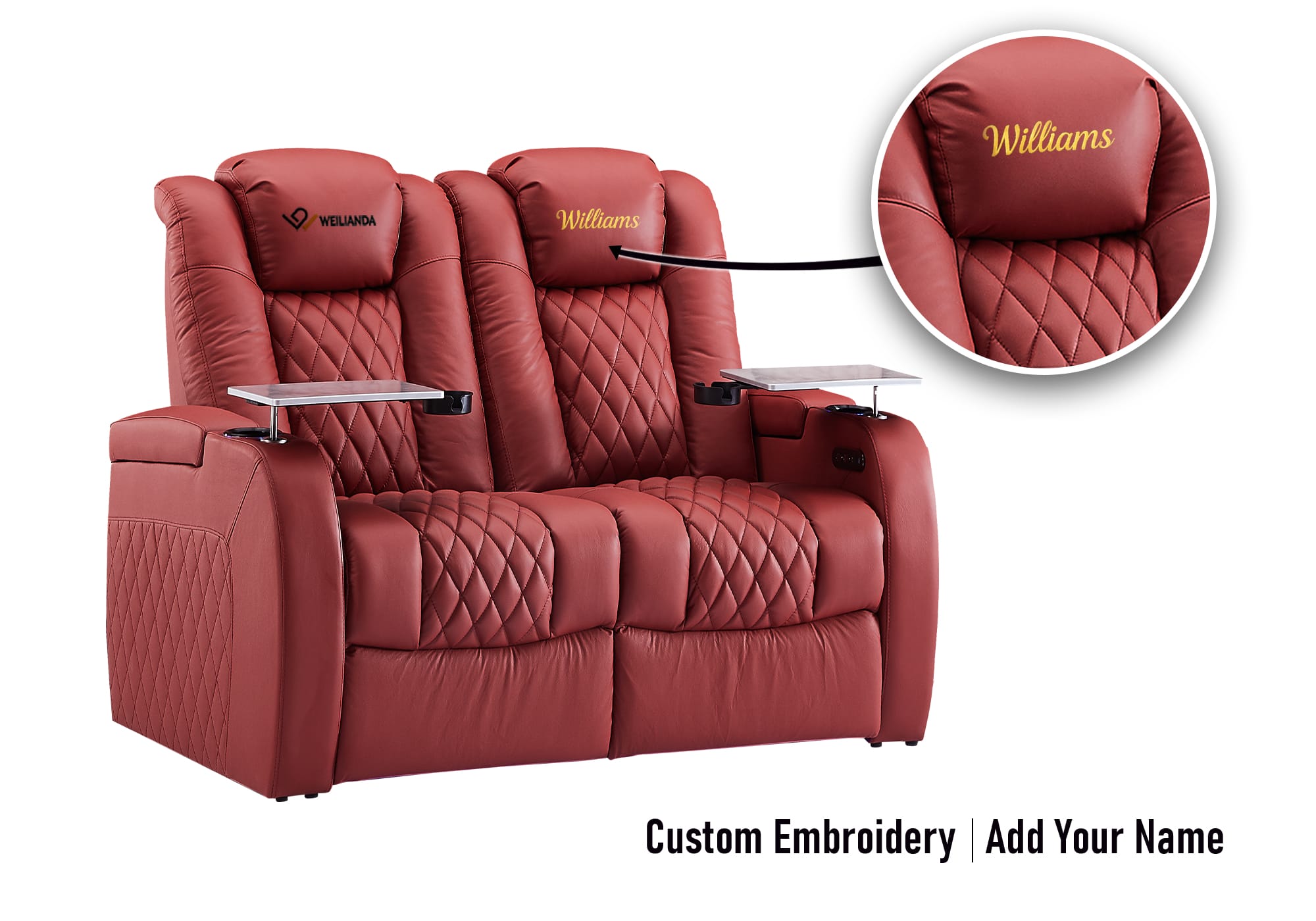 Weilianda FortLux Series Headrest Embroidery Custom Zero Gravity Loveseat Recliner |  LED Lighting for Movie Night