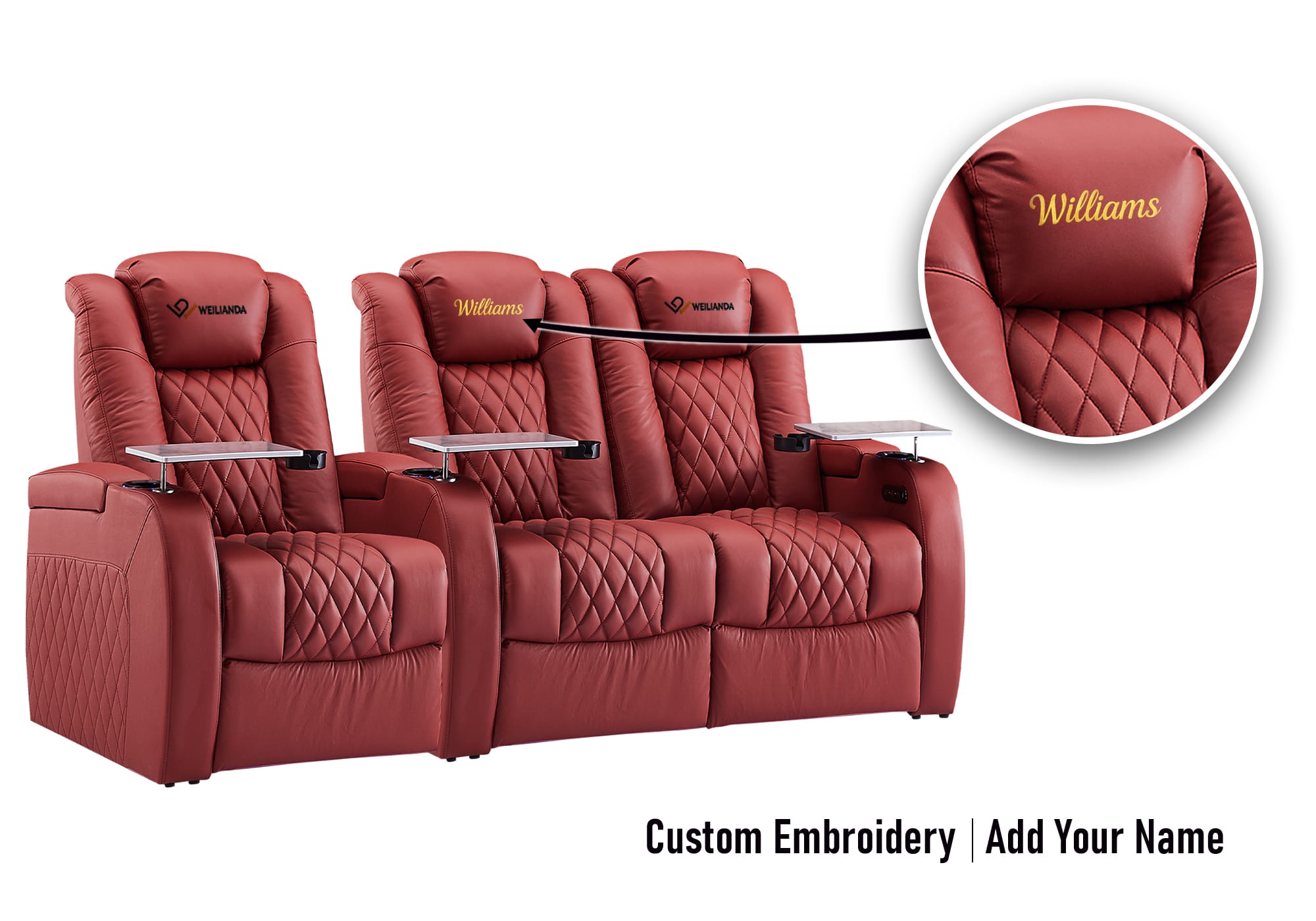 Weilianda FortLux Series Headrest Embroidery Custom Ergonomic Power Seating Row of 3 | Adjustable Headrest & Footrest