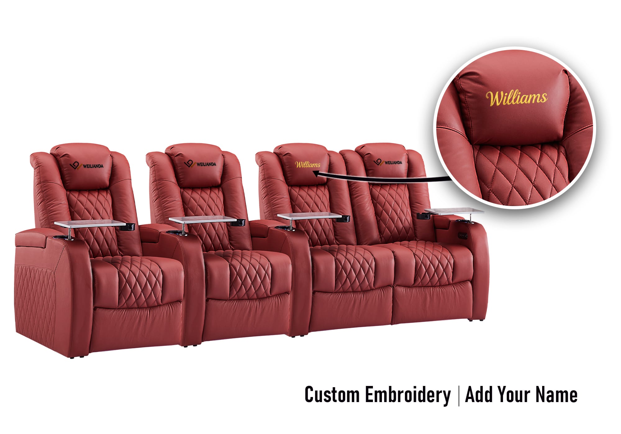 Weilianda FortLux Series Headrest Embroidery Custom 4-Seat Genuine Leather Sofa | Zero Gravity Seating for Home Theater